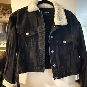 Refuge Black Denim Jacket with White Sherpa Collar